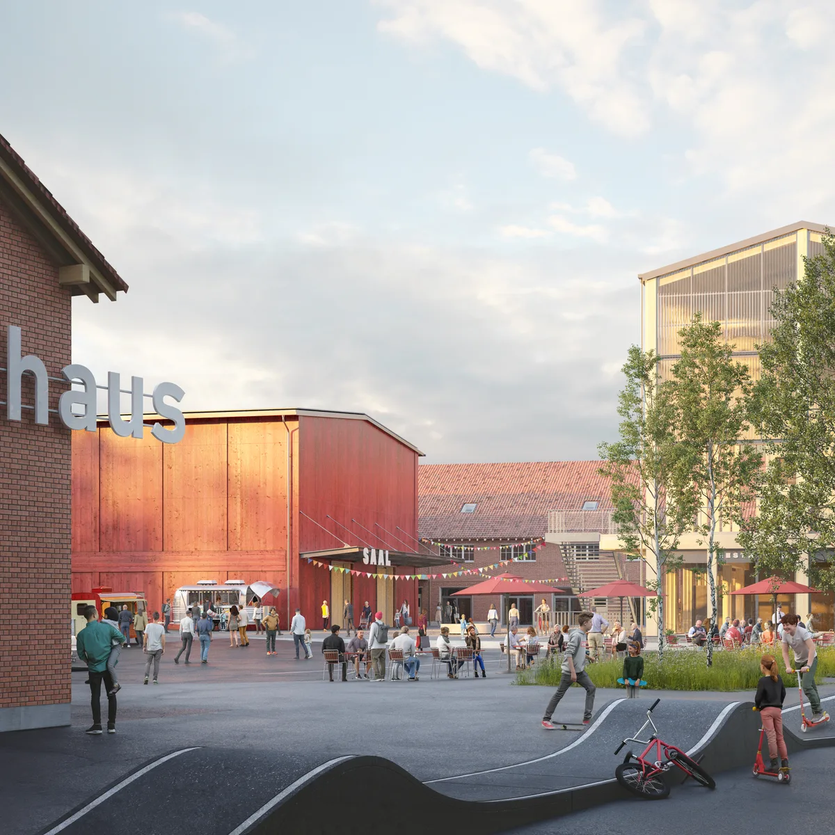 Bild eines Platzes mi tMenschen drauf, im Vordergrund ein Pumptrack mit Kindern, die Trottinett fahren.